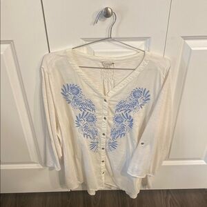 Sonoma Women's White and Blue Floral Top 2X